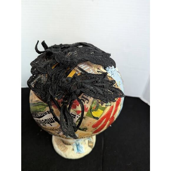 Vintage 50s Black Lace Whimsy Hat Velvet Bow Juliet Cap Noir Glam 40\'s 50\'s